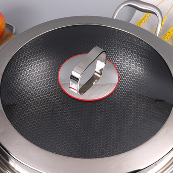 Wok od 316 STL s dvostrukim ručkama, Honeycomb Nonstick, ravno dno, stakleni poklopac