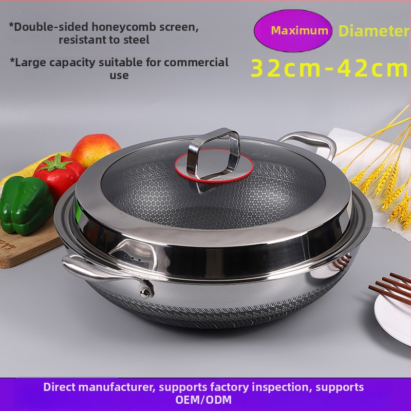 Wok od 316 STL s dvostrukim ručkama, Honeycomb Nonstick, ravno dno, stakleni poklopac