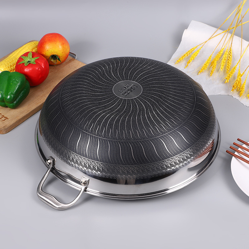 Wok od 316 STL s dvostrukim ručkama, Honeycomb Nonstick, ravno dno, stakleni poklopac