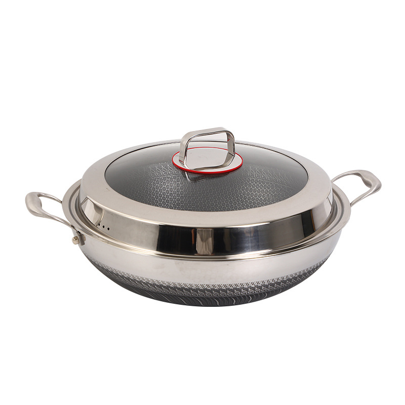 Wok od 316 STL s dvostrukim ručkama, Honeycomb Nonstick, ravno dno, stakleni poklopac