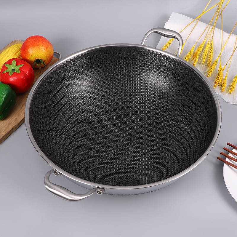 Wok od 316 STL s dvostrukim ručkama, Honeycomb Nonstick, ravno dno, stakleni poklopac