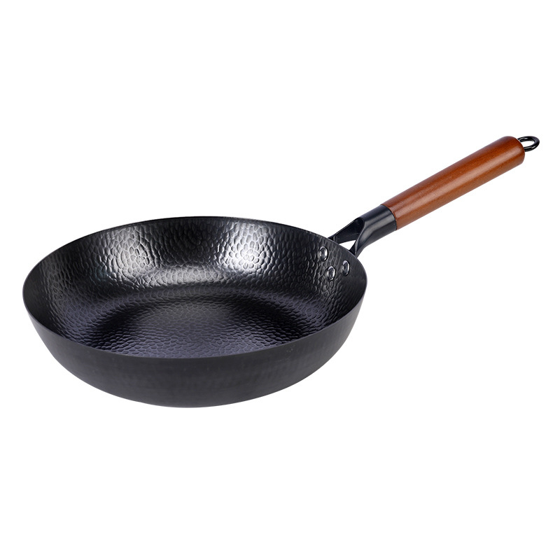 Tiganj od finog željeza, japanskog stila, bez premaza, s drvenim poklopcem, s jednim dnom, dubina 6,8 cm