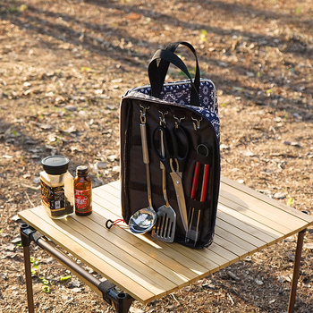 Кампинг комплект кухненски прибори от неръждаема стомана, преносим 1.1 кг, за 3–4 души, съдържа нож, дъска за рязане, лъжица, шпатула, ножици, щипки за барбекю, оризова лъжица, ръкавици, чанта за съхранение