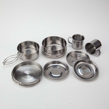 Комплект съдове за къмпинг от неръждаема стомана, 8 части, сгъваем за 5-6 човека, модел AT6454, тегло 753 g, марка Aotu bump