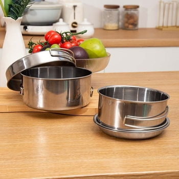 Комплект съдове за къмпинг от неръждаема стомана, 8 части, сгъваем за 5-6 човека, модел AT6454, тегло 753 g, марка Aotu bump