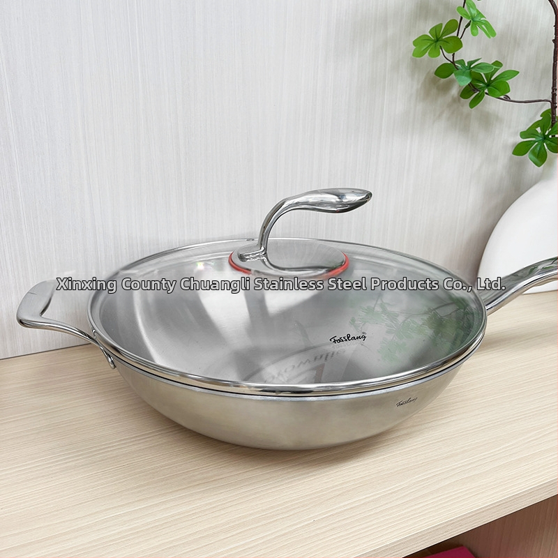 Wok od nehrđajućeg čelika 304 sa trostrukim dnom i staklenim poklopcem, model Dolphin 304 wok, težina 3.8 kg