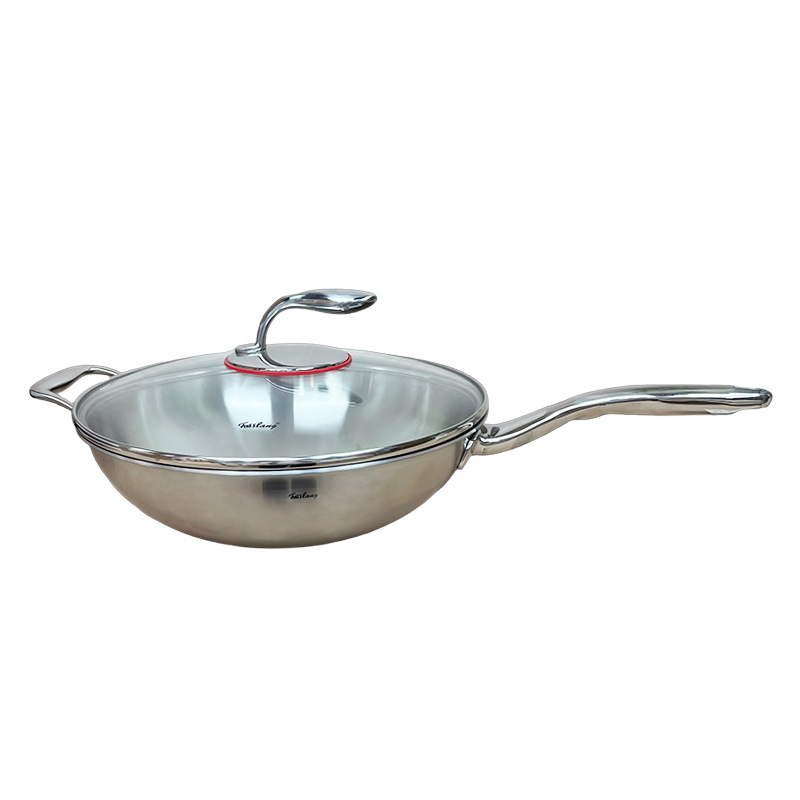 Wok od nehrđajućeg čelika 304 sa trostrukim dnom i staklenim poklopcem, model Dolphin 304 wok, težina 3.8 kg