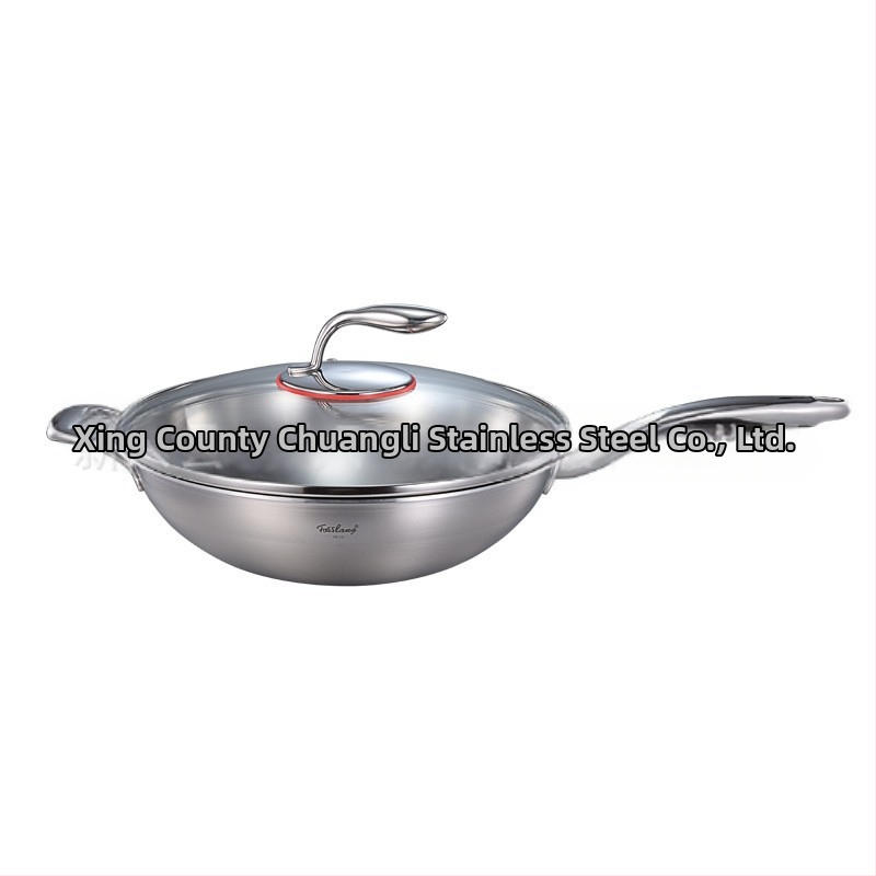 Wok od nehrđajućeg čelika 304 sa trostrukim dnom i staklenim poklopcem, model Dolphin 304 wok, težina 3.8 kg