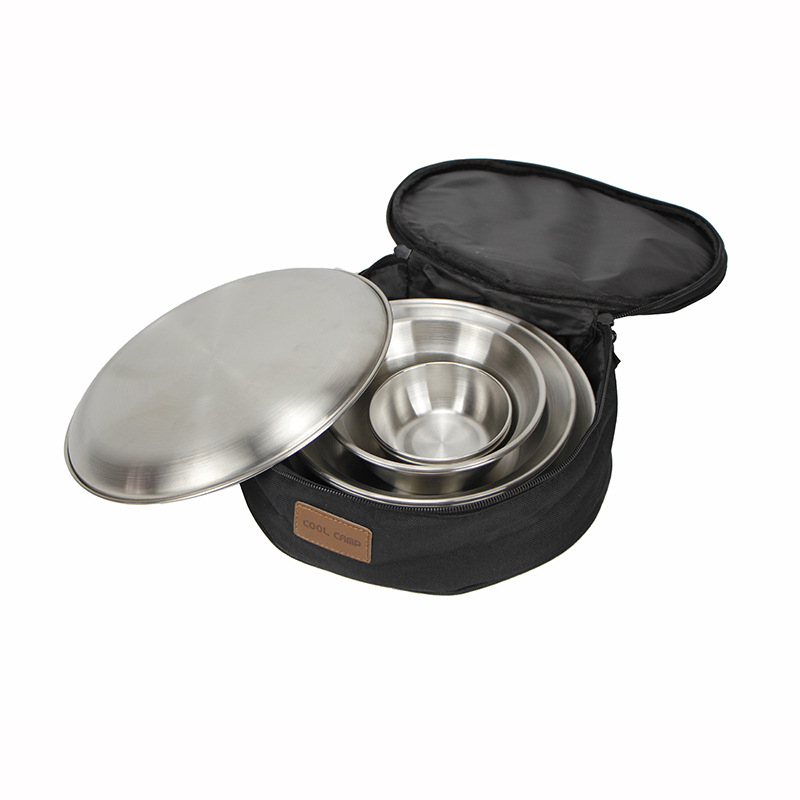 Set posuđa za kampiranje od nehrđajućeg čelika za 4 osobe — s torbom za pohranu, modeli Veliki/Srednji/Mali, težina 1,7 kg