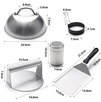 Barbecue pet-dijelni set alata s poklopcem za burger, spatula, boca za arome i teppanyaki alati – nehrđajući čelik – RD marka