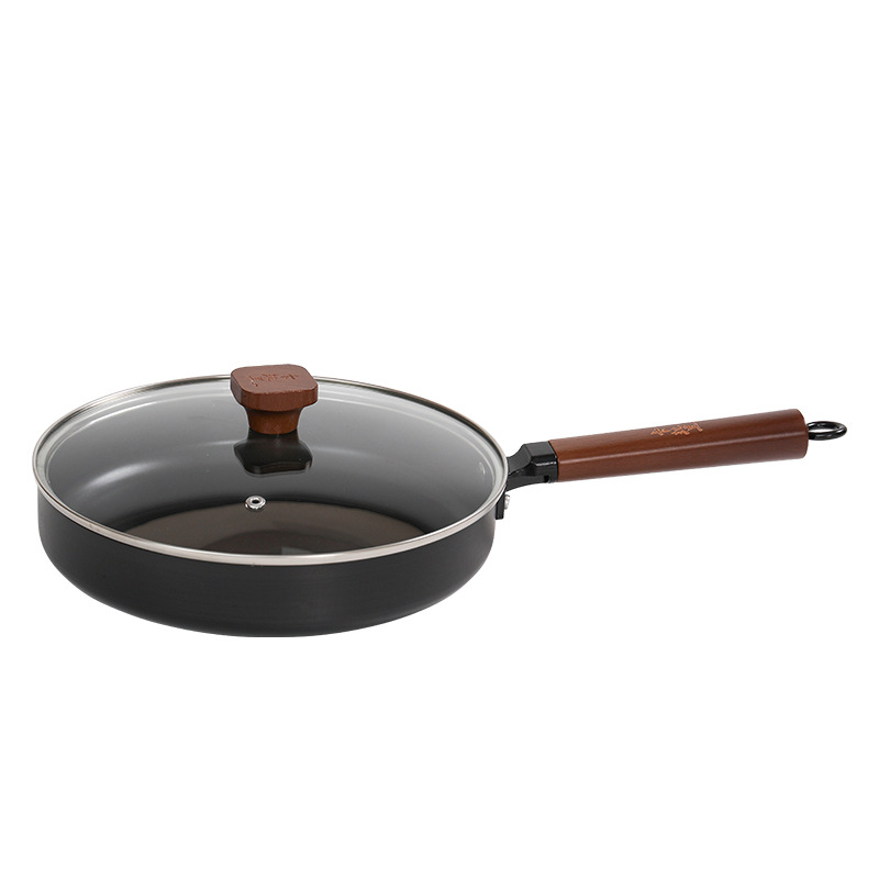 Wok od finog željeza, japanskog stila, neprijanjajući, dubina 5 cm, stakleni poklopac