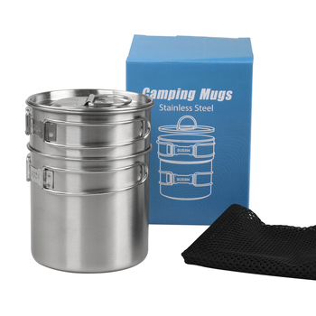 Set posuda od nehrđajućeg čelika 304, prehrambene kvalitete, za 2–3 osobe, vanjska i unutarnja posuda, prijenosni kamp kuhinjski set