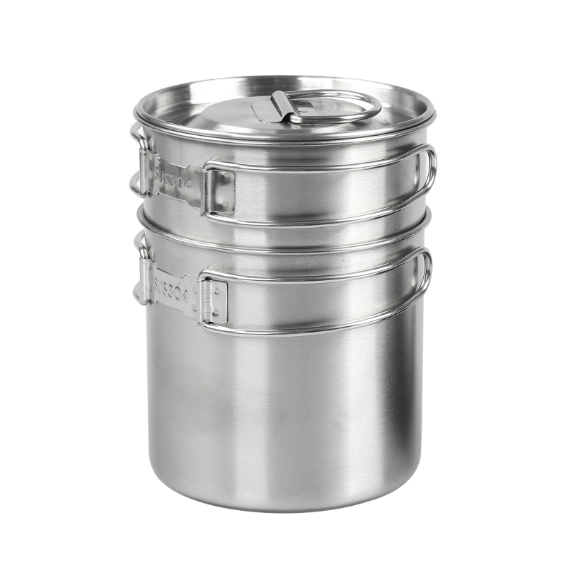 Set posuda od nehrđajućeg čelika 304, prehrambene kvalitete, za 2–3 osobe, vanjska i unutarnja posuda, prijenosni kamp kuhinjski set