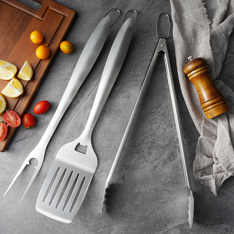 Tengze set za vanjsko roštiljanje od nehrđajućeg čelika — spatula, vilica i klip za ugljen, 3-dijelni set s platnenom torbom