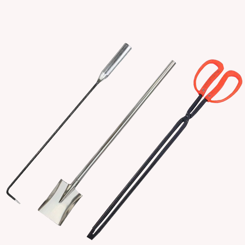 Set de trei unelte pentru foc pentru uz casnic: cârlig pentru foc, lopată pentru cărbune, clește pentru foc – rezistente la temperaturi înalte