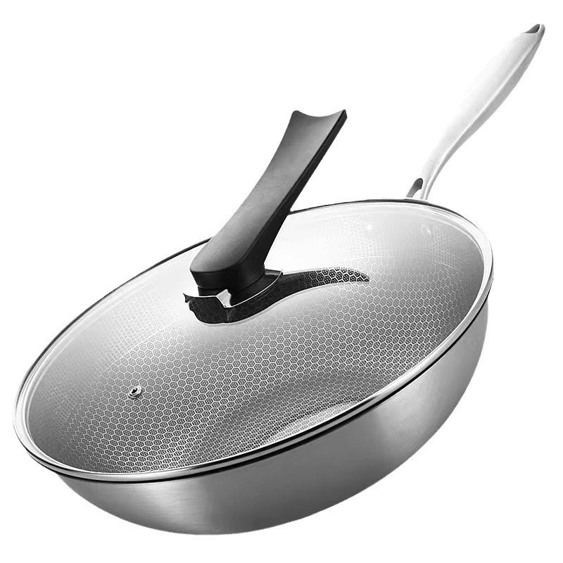 Nerđajući čelični wok s neprijanjajućim premazom, višeslojno dno, poklopac od kaljenog stakla, težina 3 kg