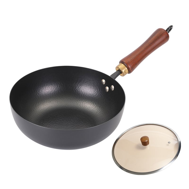 Wok od finog željeza, otporan na hrđu, dno od kovanog željeza, dubina 9 cm, pogodan za opće plinsko kuhalo