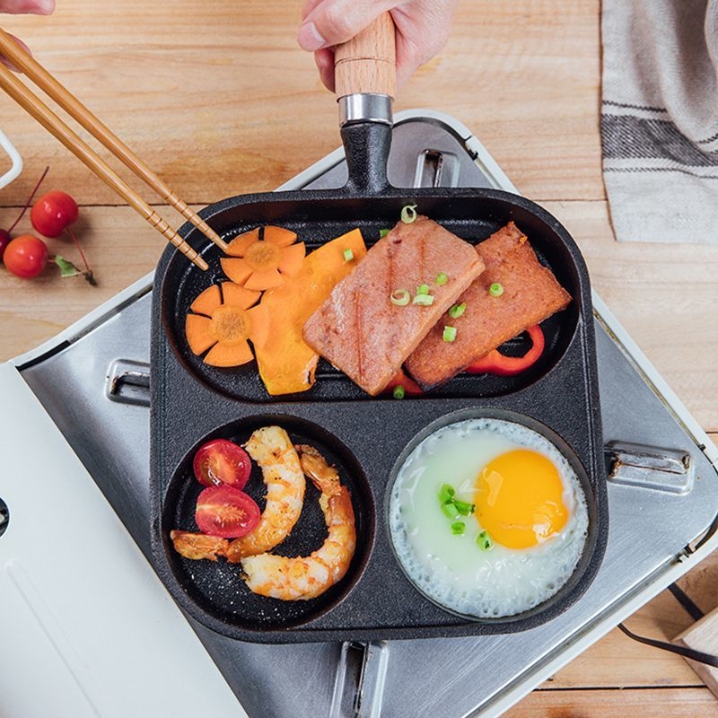 Tiganj od lijevanog željeza s 3 u 1 za omlete, steakove i jaja; ravno dno, bez premaza, kompatibilan s indukcijom