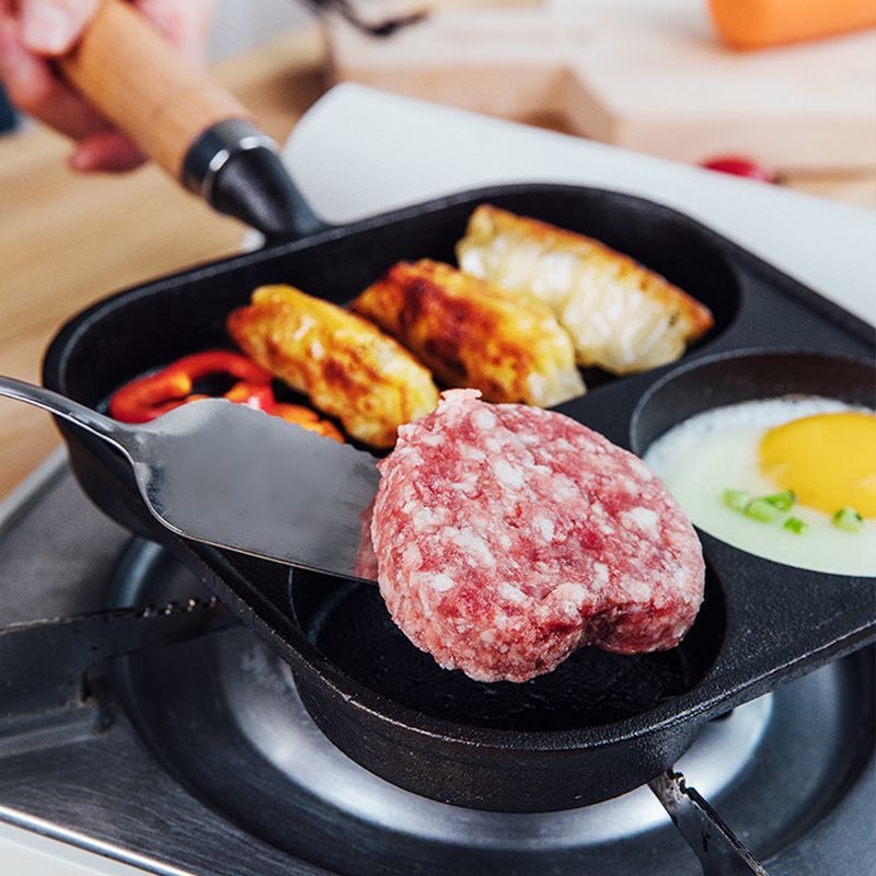 Tiganj od lijevanog željeza s 3 u 1 za omlete, steakove i jaja; ravno dno, bez premaza, kompatibilan s indukcijom