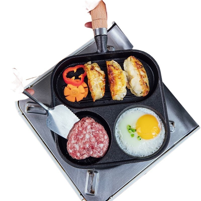 Tiganj od lijevanog željeza s 3 u 1 za omlete, steakove i jaja; ravno dno, bez premaza, kompatibilan s indukcijom