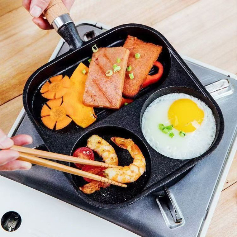 Tiganj od lijevanog željeza s 3 u 1 za omlete, steakove i jaja; ravno dno, bez premaza, kompatibilan s indukcijom