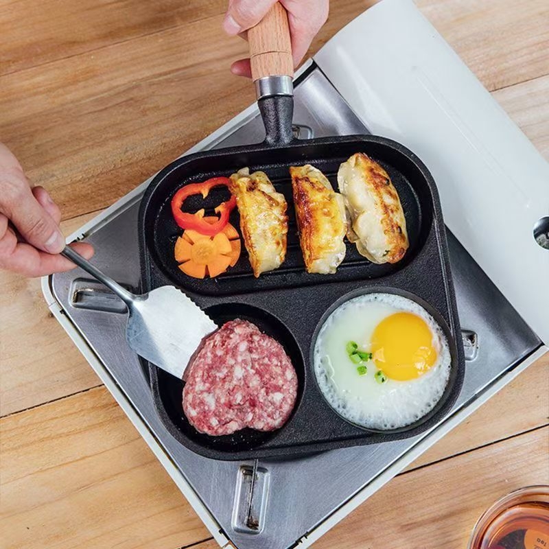 Tiganj od lijevanog željeza s 3 u 1 za omlete, steakove i jaja; ravno dno, bez premaza, kompatibilan s indukcijom