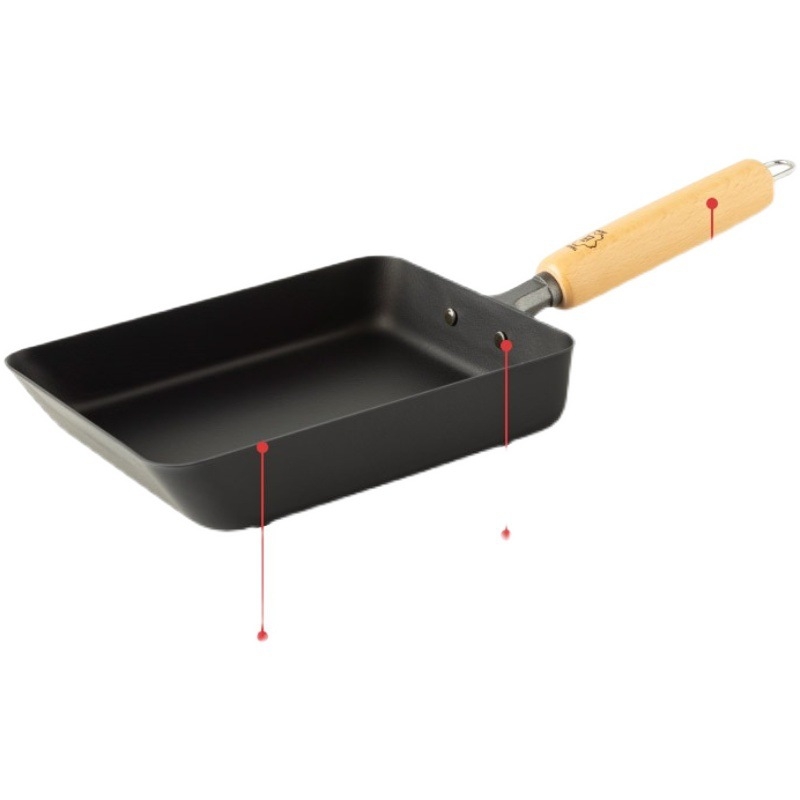 Tamagoyaki tiganj s drškom od drva, Carpenter serija, od kovano željeza bez premaza, ravno dno