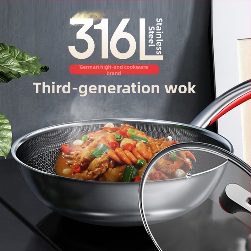 Conneffy Wok od nehrđajućeg čelika 316, neprijanjajuća površina, poklopac od kaljenog stakla, dubina 9 cm, model 015