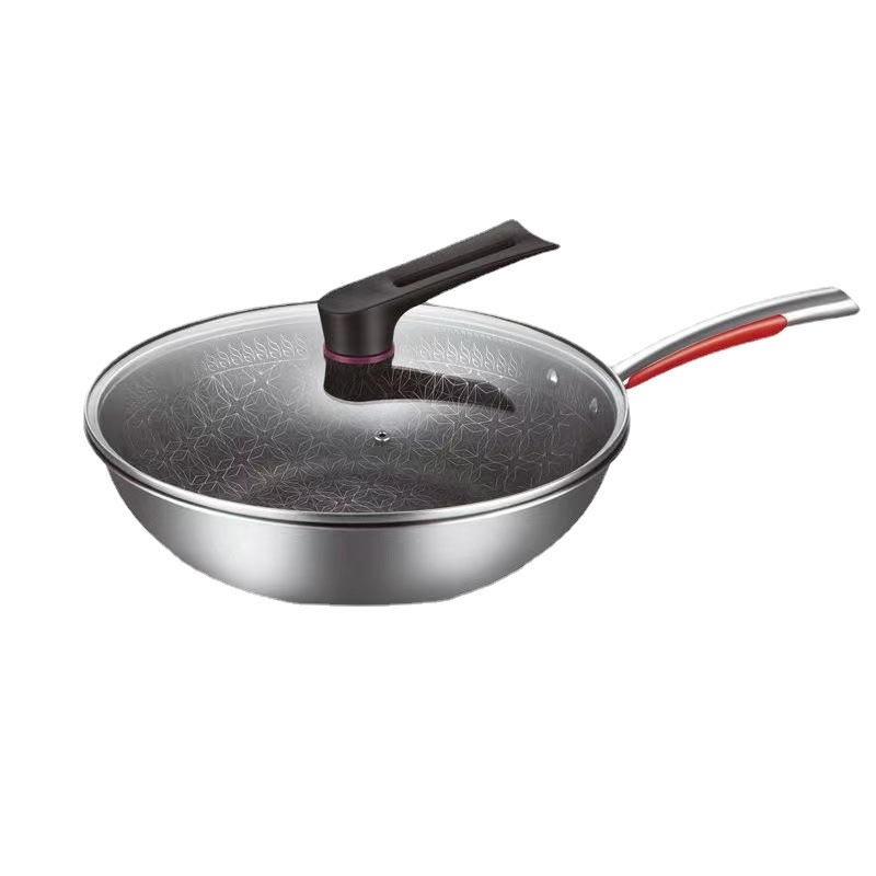 Conneffy Wok od nehrđajućeg čelika 316, neprijanjajuća površina, poklopac od kaljenog stakla, dubina 9 cm, model 015