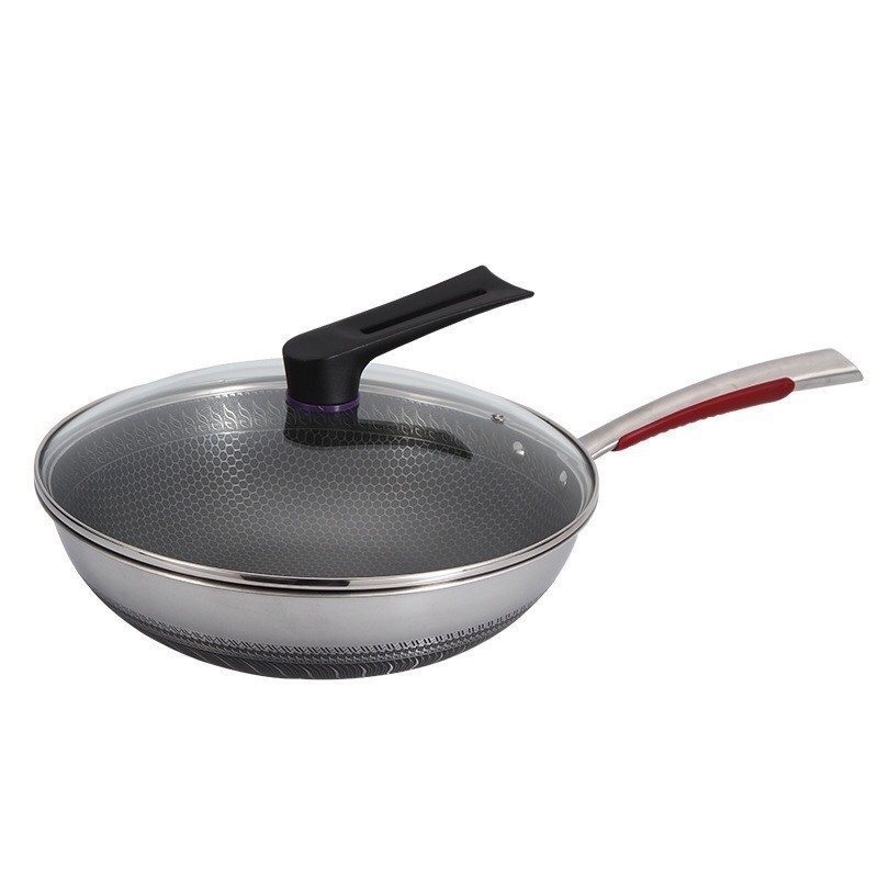 Conneffy Wok od nehrđajućeg čelika 316, neprijanjajuća površina, poklopac od kaljenog stakla, dubina 9 cm, model 015