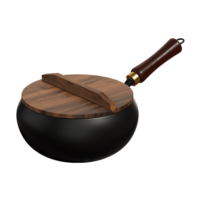 Wok od finog željeza, bez premaza, s drvenim poklopcem, dubina 10,5 cm
