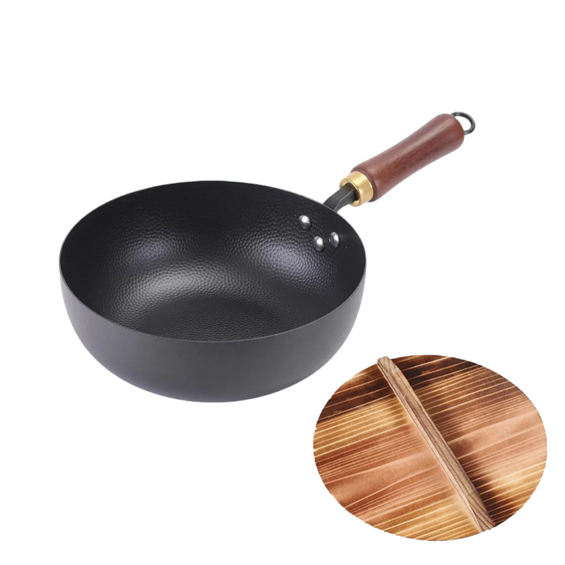 Wok od finog željeza, bez premaza, s drvenim poklopcem, dubina 10,5 cm