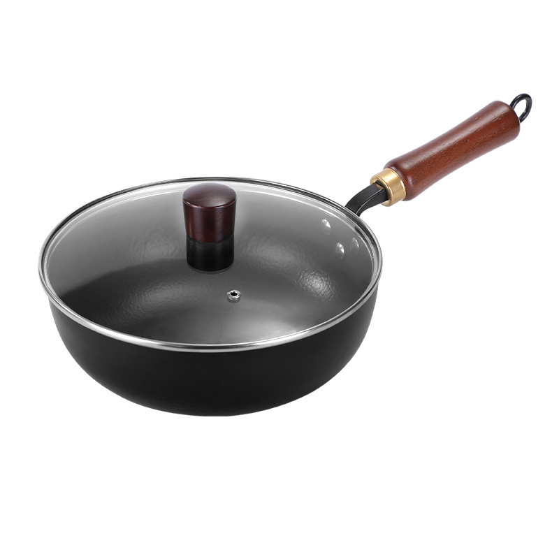 Wok od finog željeza, bez premaza, s drvenim poklopcem, dubina 10,5 cm