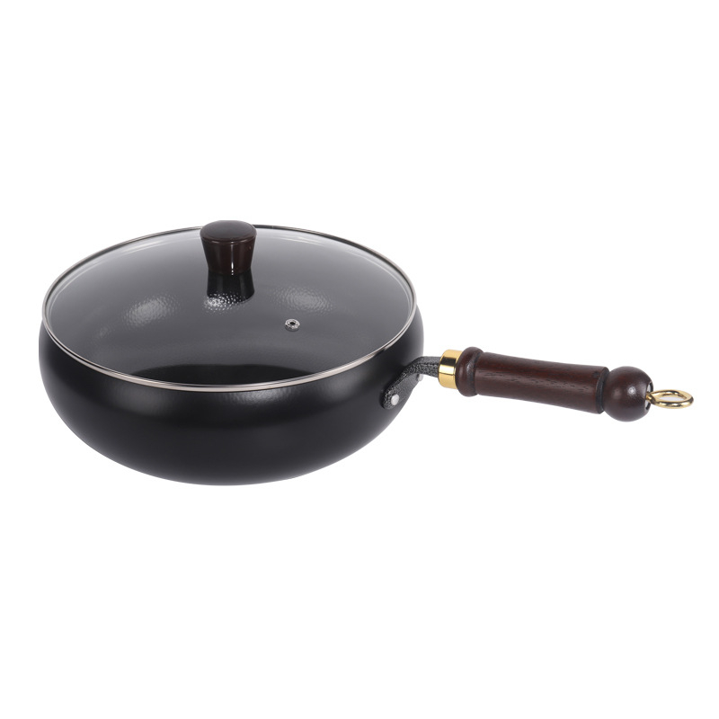 Wok od lijevanog željeza s uzorkom čekića, bez premaza, stakleni poklopac, dubina 10 cm
