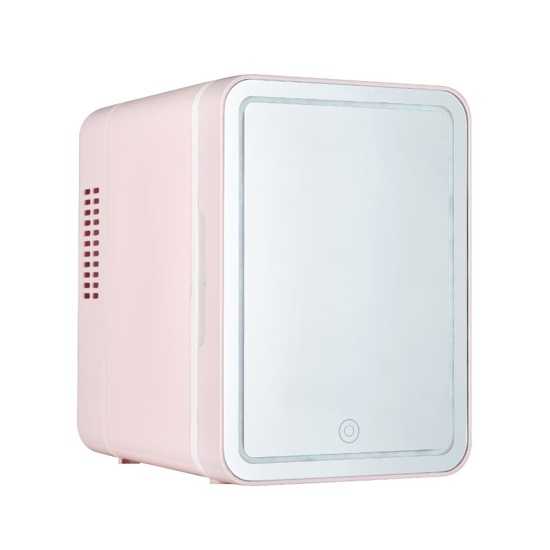 Мини хладилник със огледало за грим и LED осветление, автомобилен хладилник за горещ и студен режим, 5 л капацитет, захранване 12V/220V, мощност 24-36W, охлаждане до 10-15°C под околната температура, нагряване до 65°C