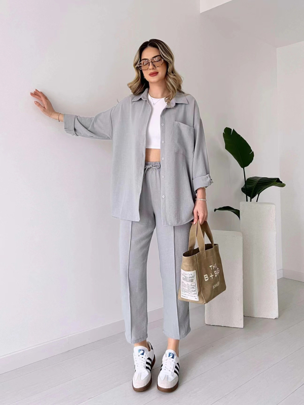 Ženski casual pantsuit set: košulja s dugim rukavima i cropped hlače, jednofarban, poliester s elastanom, jesen 2023