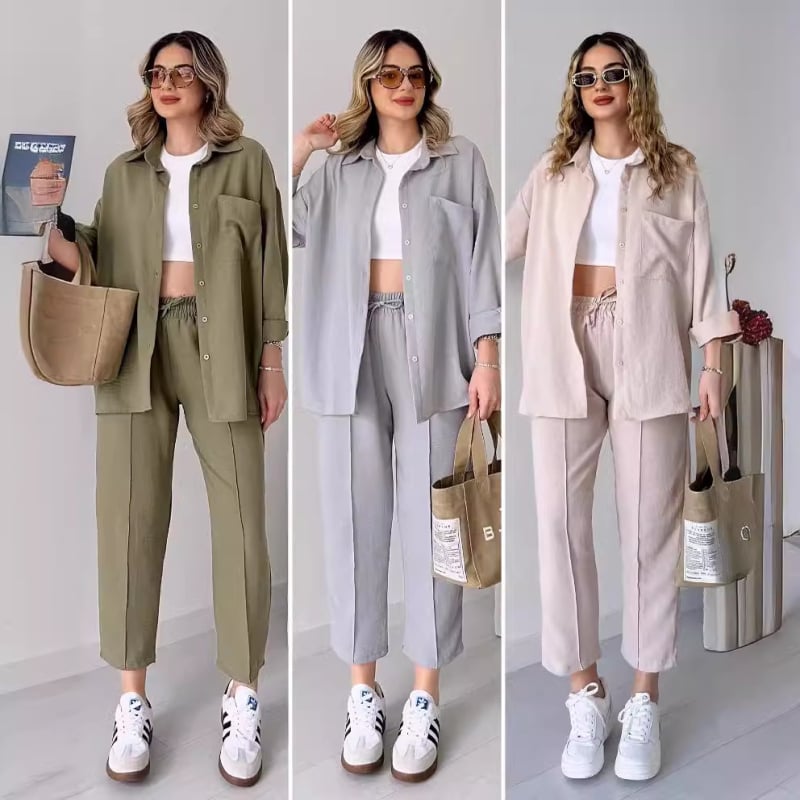 Ženski casual pantsuit set: košulja s dugim rukavima i cropped hlače, jednofarban, poliester s elastanom, jesen 2023