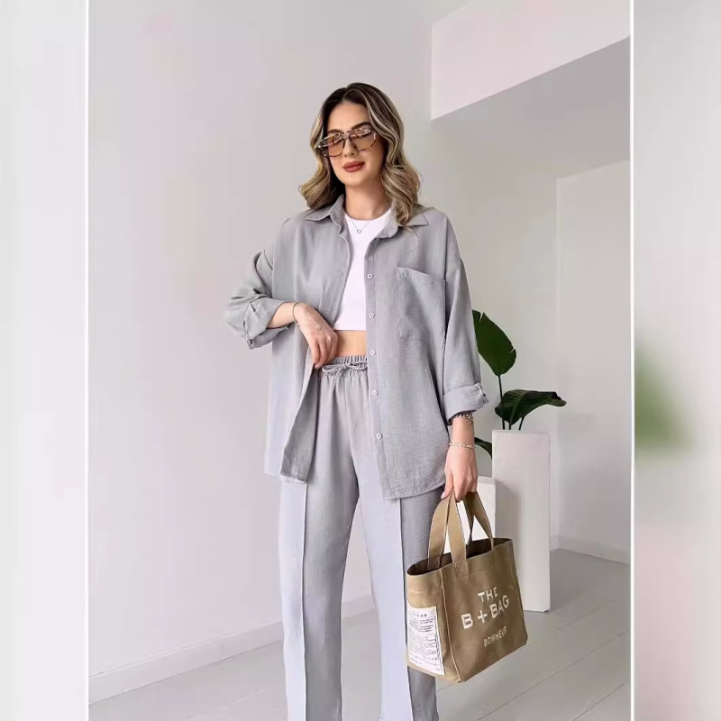 Ženski casual pantsuit set: košulja s dugim rukavima i cropped hlače, jednofarban, poliester s elastanom, jesen 2023
