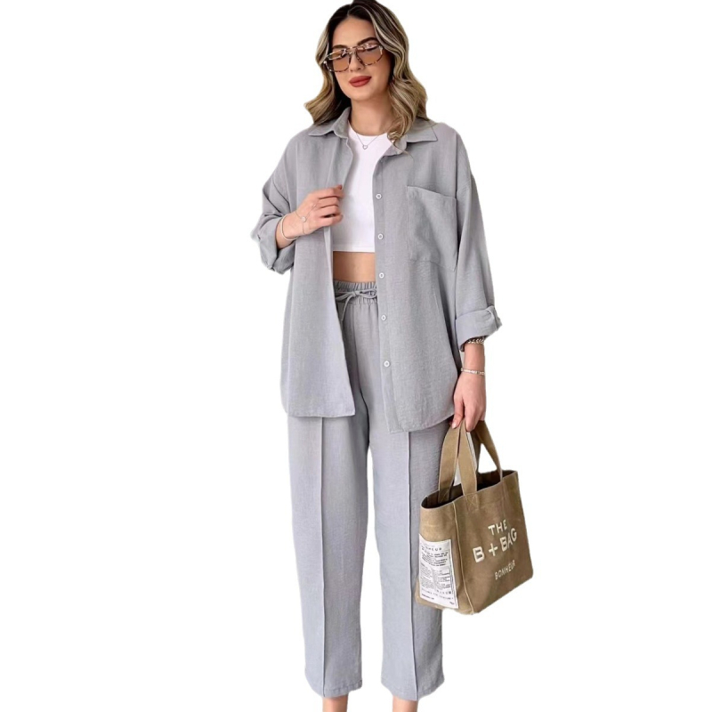 Ženski casual pantsuit set: košulja s dugim rukavima i cropped hlače, jednofarban, poliester s elastanom, jesen 2023