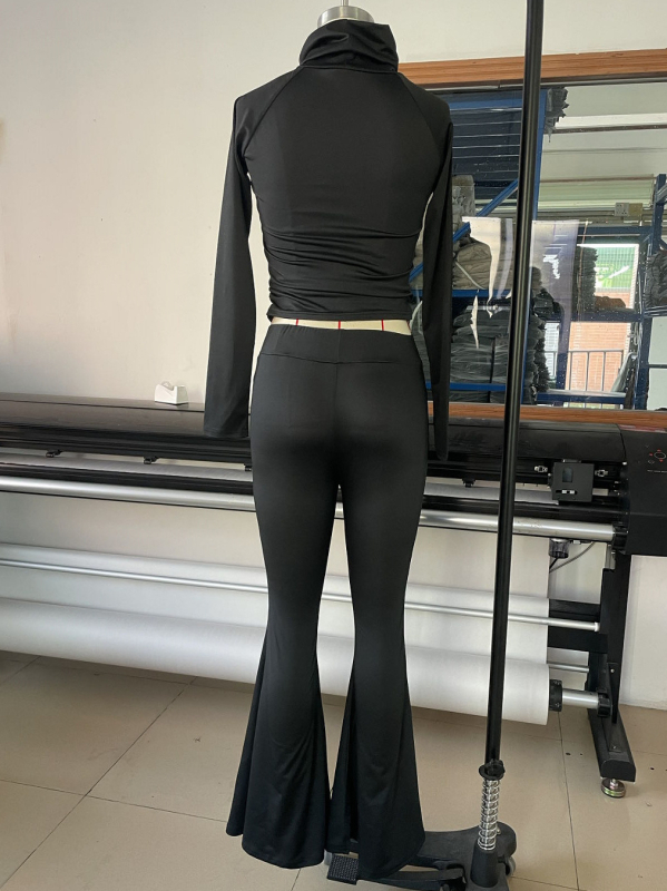 Ženski modni sportsko-casual komplet s visokim ovratnikom i dugim rukavima, uskim krojem, visokim strukom i zvonastim hlačama