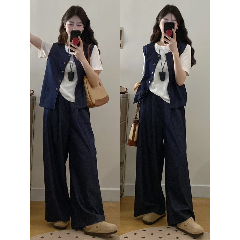 Plus-size trodijelni set: top kratkih rukava, denim prsluk i široke hlače — jednobojni poliester, 95%+