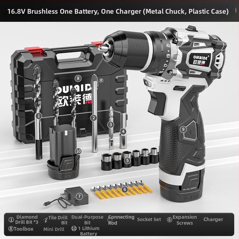 Bez kefového ručného vrtáka s vysokým výkonom, dvojité napájanie (nabíjanie alebo pripojenie na sieť), Li-ion batéria a multifunkčný elektrický skrutkovač