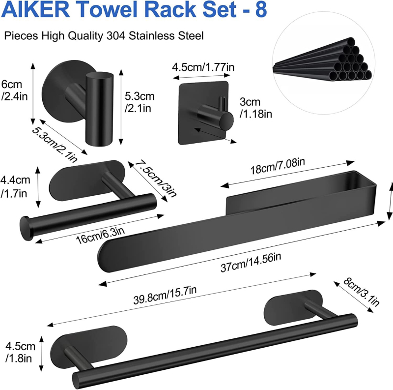 Yongxin 304 nehrđajući čelik kupaonski set s premazom pečene boje, držač ručnika i držač toaletnog papira, šest dijelova