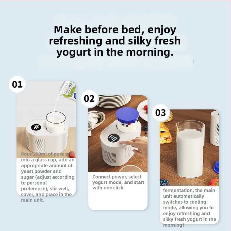 Okos joghurtkészítő 3-in-1: fermentáció, hűtés és melegítés; 300 ml kapacitás, LCD kijelző, leválasztható ABS test, szigetelő funkció