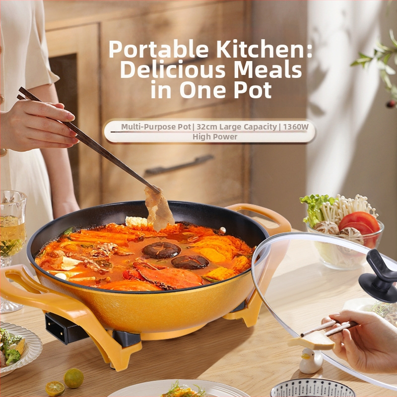 Viacúčelový elektrický hrniec s nelepivým povrchom, hliníková zliatina, 220V, 1360W, sklenené veko, hĺbka 9 cm, funkcie: parenie, restovanie, smaženie, varenie, dusenie