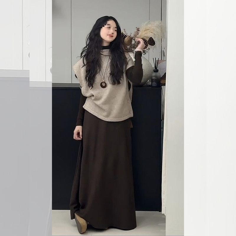 Trodjelni set za žene: pleteni prsluk, duga suknja i japansko-korejski casual stil, smjesa poliestera i elastana