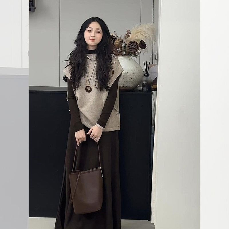 Trodjelni set za žene: pleteni prsluk, duga suknja i japansko-korejski casual stil, smjesa poliestera i elastana