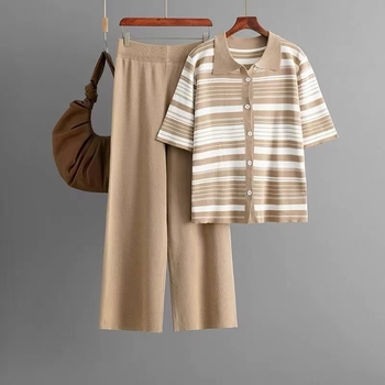 Ženski dvodijelni set: polo majica s prugama i visokim strukom, široke hlače, poliester, ljeto 2025