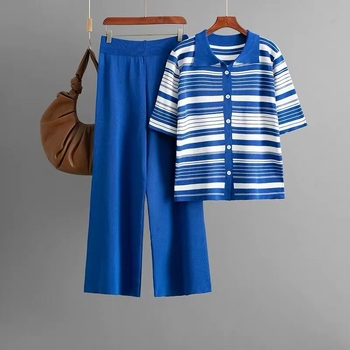 Ženski dvodijelni set: polo majica s prugama i visokim strukom, široke hlače, poliester, ljeto 2025