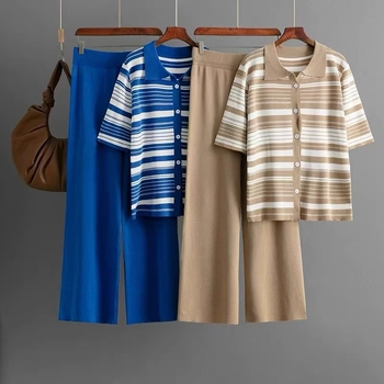 Ženski dvodijelni set: polo majica s prugama i visokim strukom, široke hlače, poliester, ljeto 2025